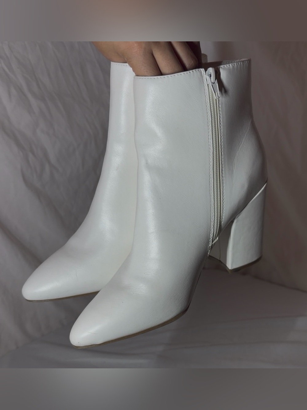 Women's White Pointed Block Heel Ankle Boots